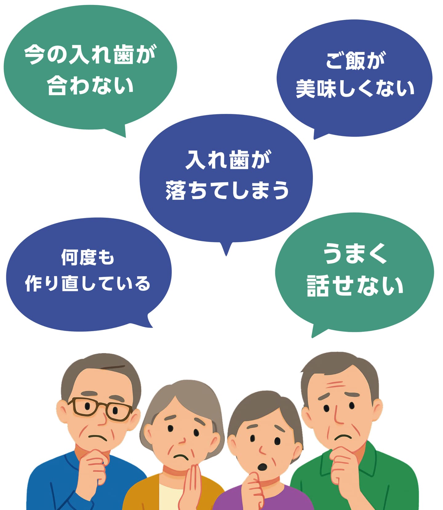 今の入れ歯が合わない、入れ歯が落ちてしまう、うまく話せない、ご飯が美味しくない、何度も作り直している